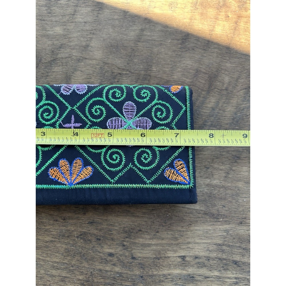 Embroidered Boho Wallet Clutch Black Floral Folk Art Colorful Zip Pocket - Picture 6 of 7